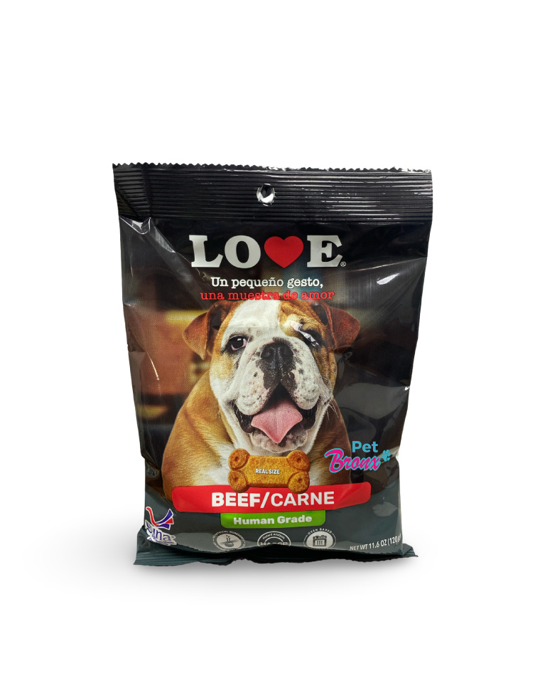 Love Galletas HG Perro Sabor Carne 120g es una galleta horneada para perros de todos los tamaños con ingredientes de grado humano.